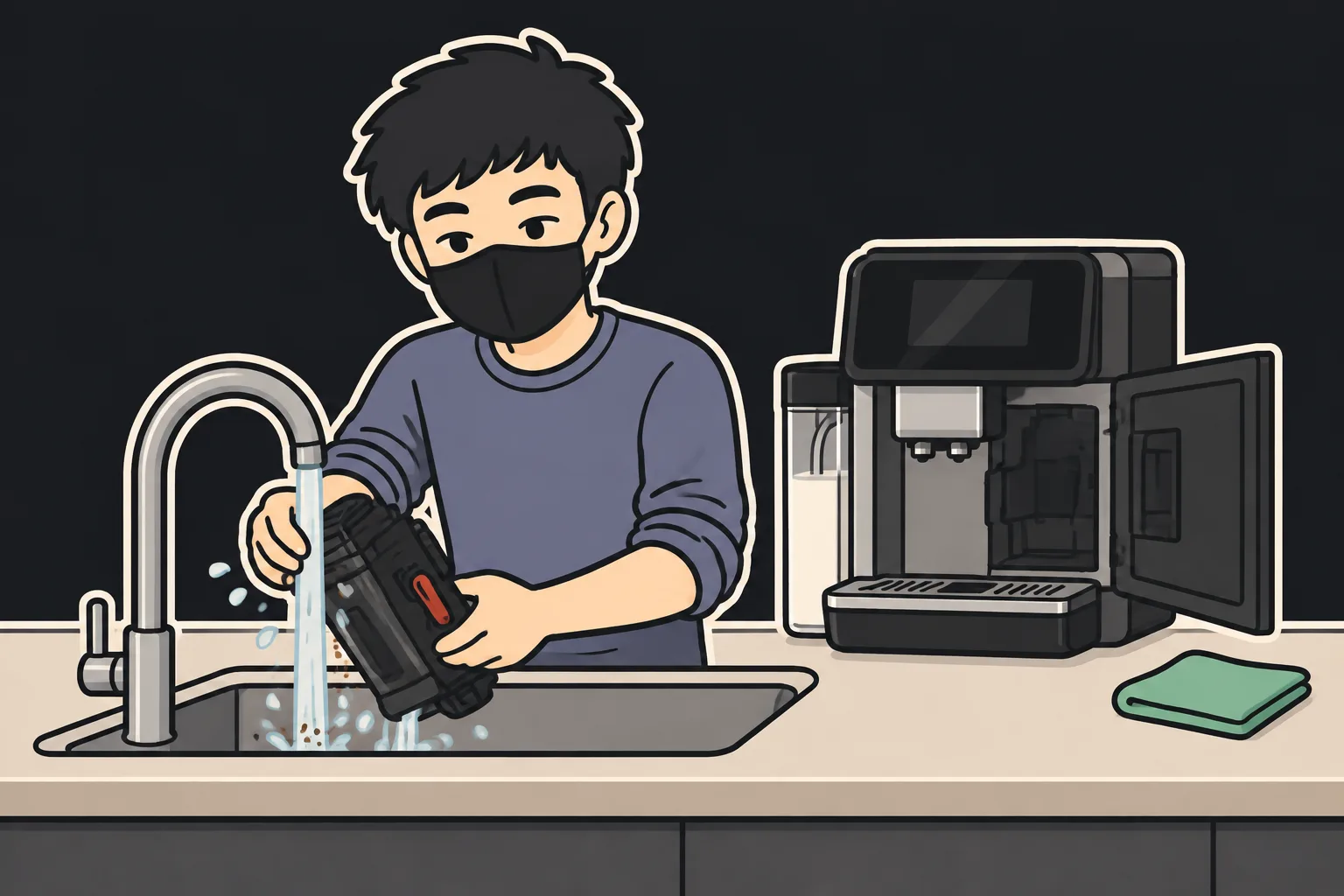 A removable brew group being lifted out of a super-automatic espresso machine and rinsed under a kitchen tap