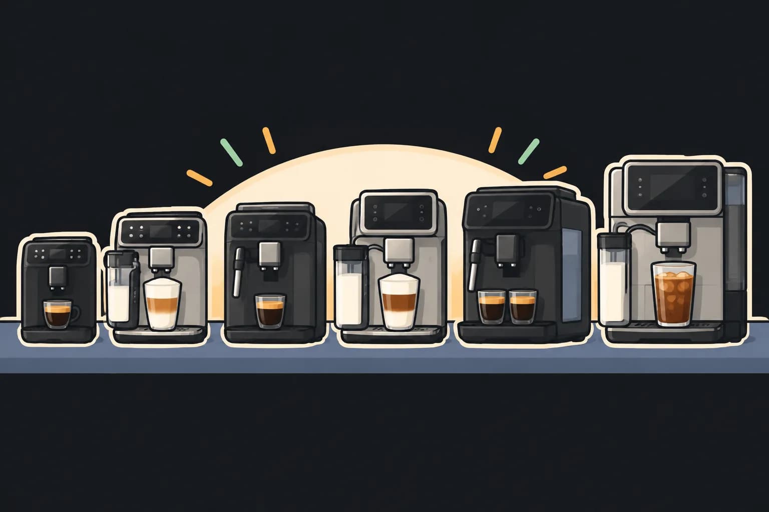 Six super-automatic bean-to-cup espresso machines lined up from compact to premium, each with an espresso, latte or iced coffee in front