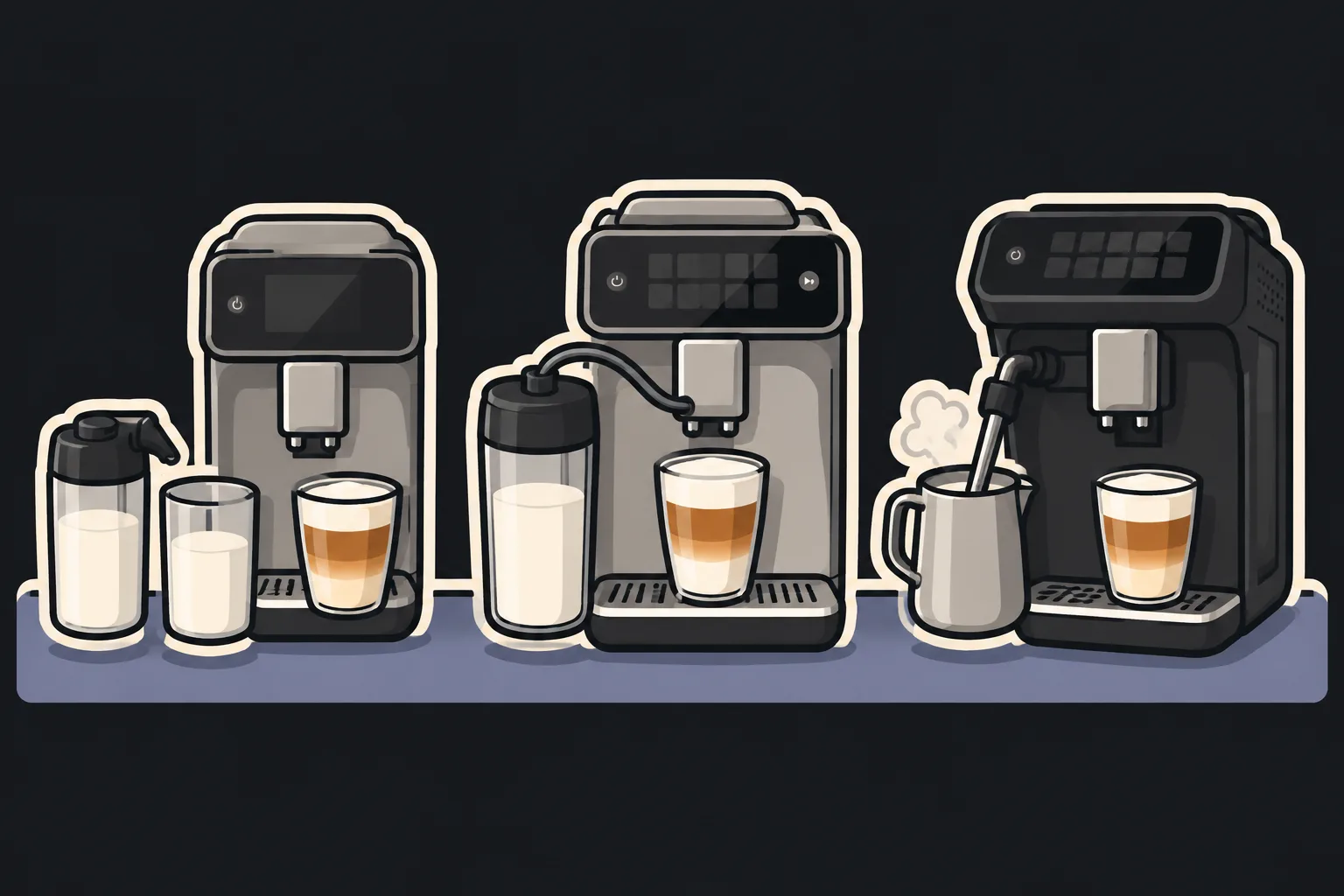 Three super-automatic espresso milk systems side by side: a tube-free two-part carafe, an automatic carafe on a hose, and a manual steam wand