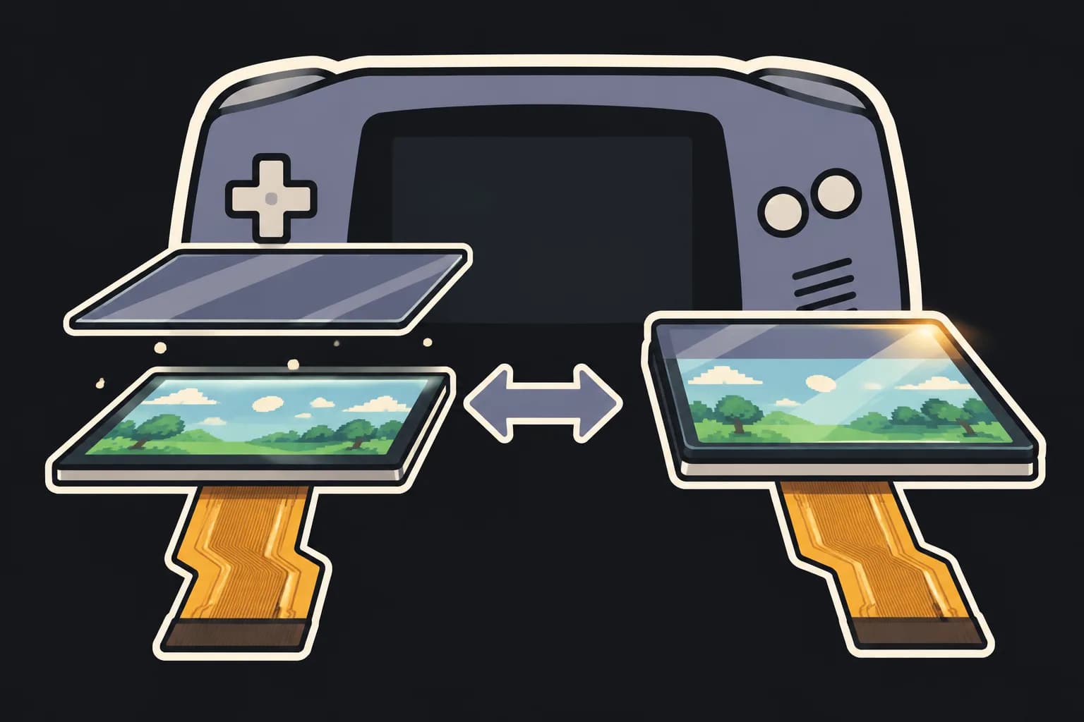 Cartoon cutaway of a Game Boy Advance screen: separate glass lens over an IPS panel versus a laminated lens bonded to the panel