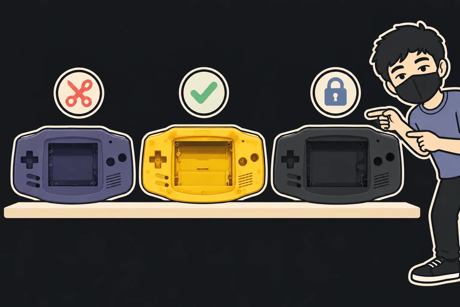 Three Game Boy Advance shells side by side — original Nintendo, IPS-ready with a wider screen window, and a laminated-ready shell