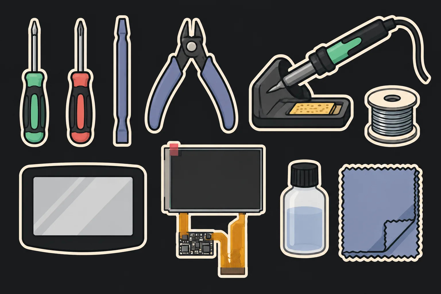 Tools for a GBA IPS screen install laid out: tri-wing screwdriver, flush cutters, soldering iron, replacement lens and cloth