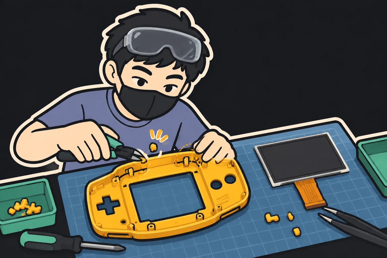 Aun trimming the plastic tabs inside a Game Boy Advance front shell with flush cutters so a non-laminated IPS screen kit fits