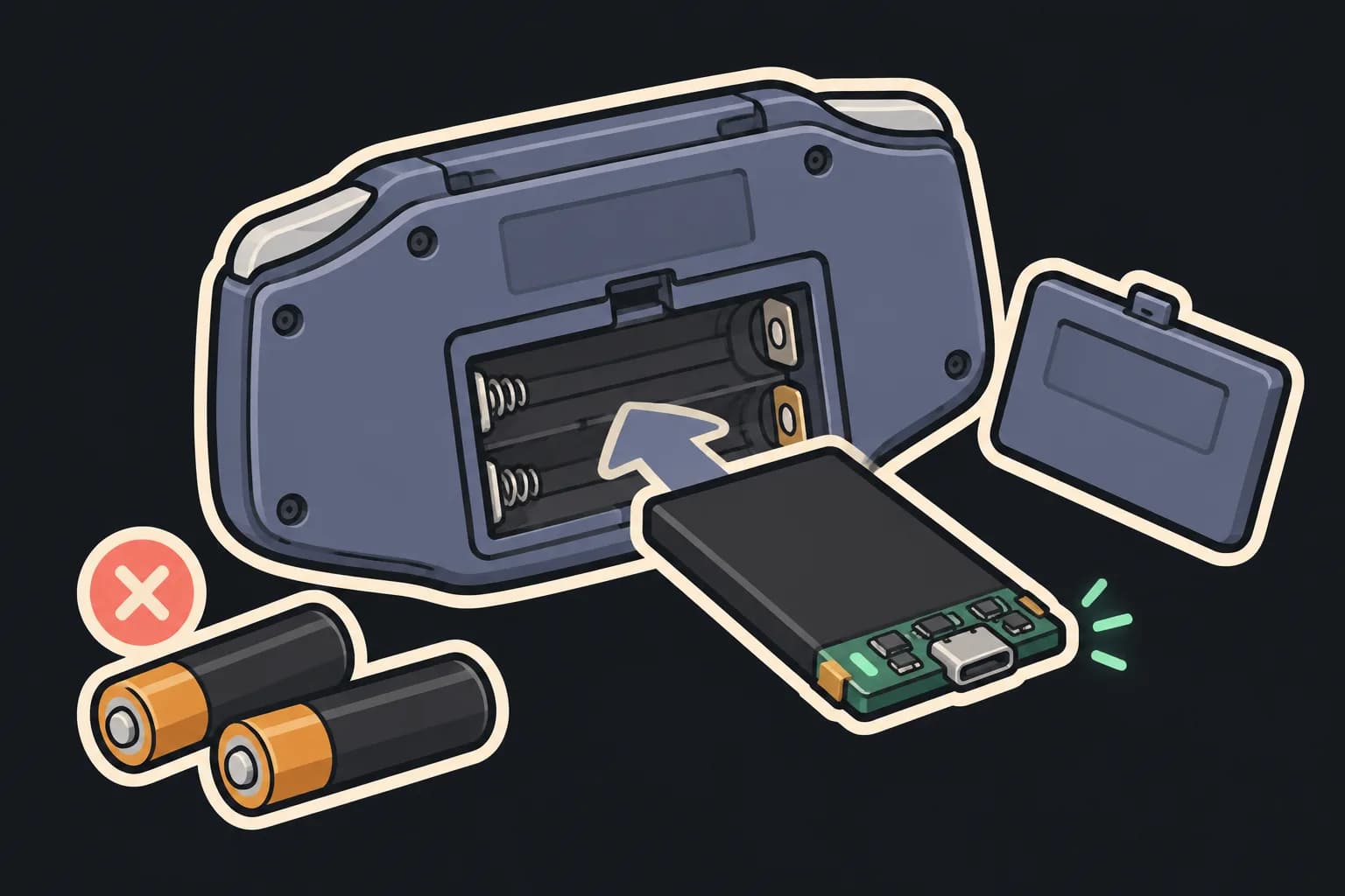 Cartoon of a USB-C rechargeable battery pack sliding into the back battery bay of a Game Boy Advance