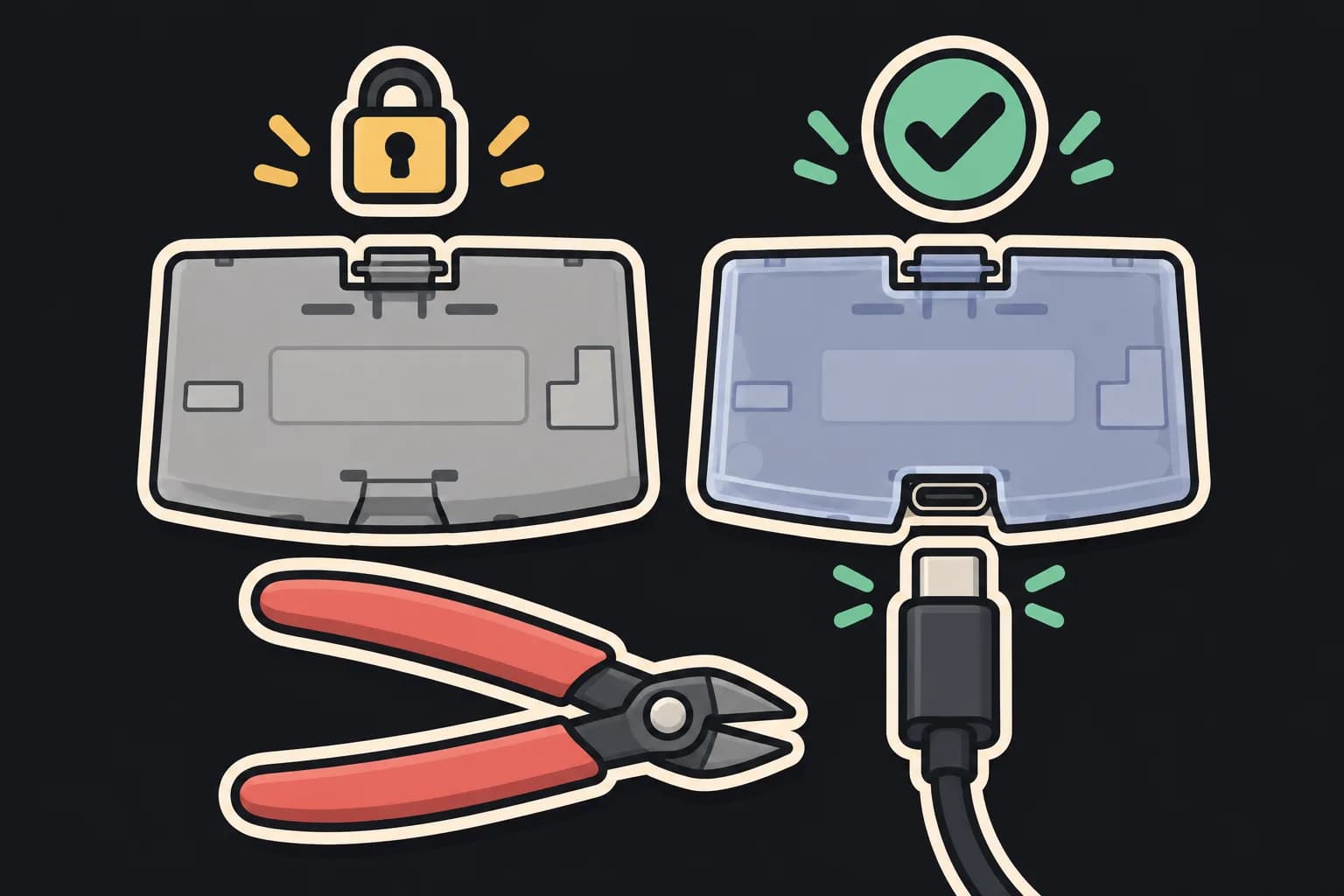 Two Game Boy Advance battery covers side by side — a stock cover and a USB-C cover with a cut-out for the charging port