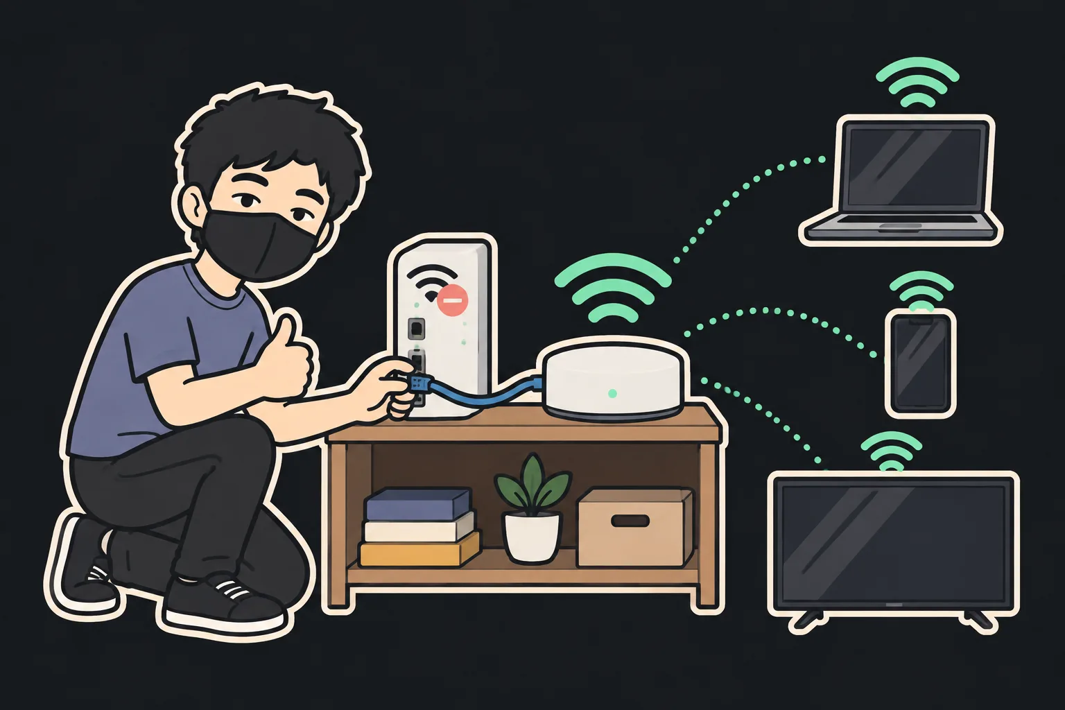 An ISP gateway with its Wi-Fi switched off, an Ethernet cable running to a mesh Wi-Fi router in bridge mode