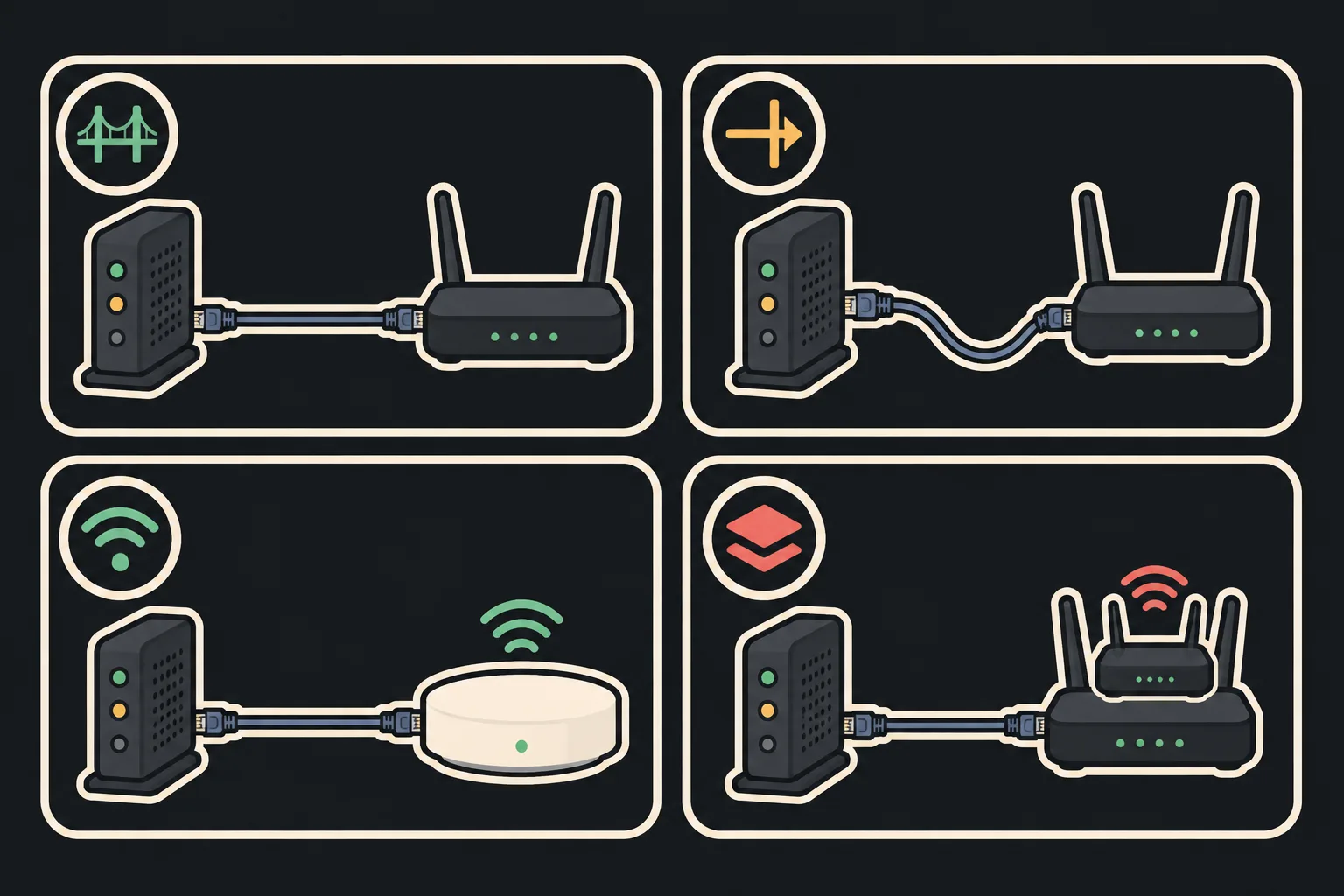 Four ways to connect your own router to an ISP gateway: bridge mode, IP passthrough, access-point mode and plain double NAT