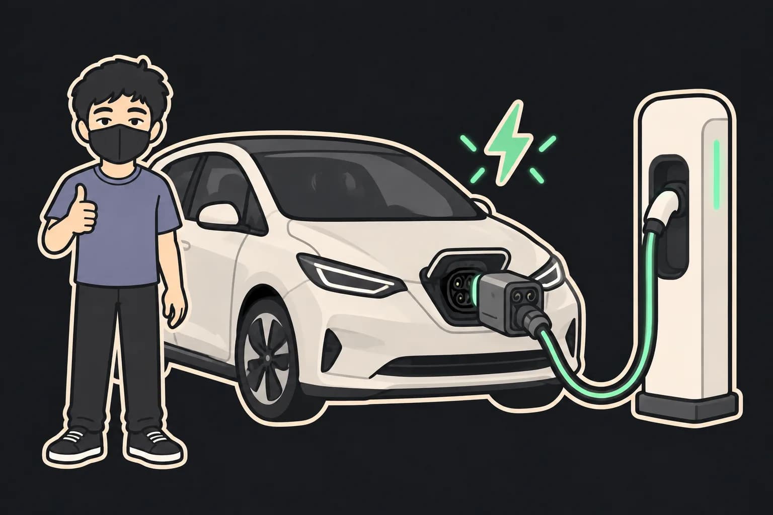 An electric car plugged into a Tesla Supercharger through a small adapter, with a hand holding the approved adapter