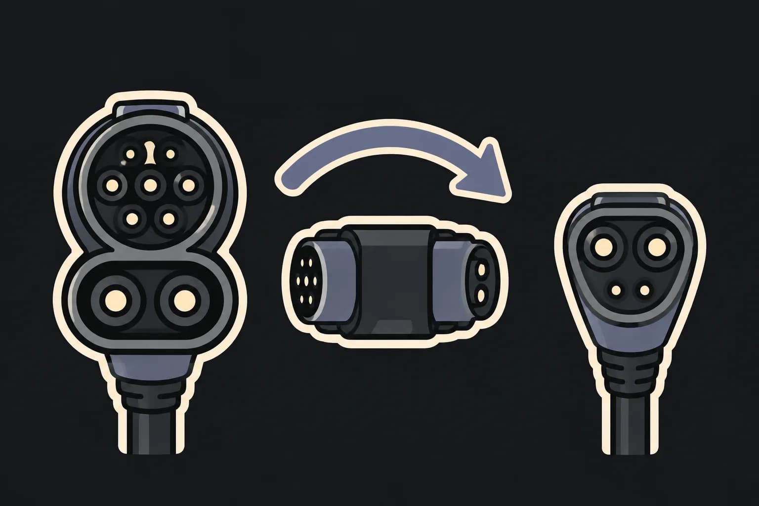Three charge ports side by side: a CCS1 port, a NACS port and a J1772 port, with an adapter bridging CCS1 to NACS