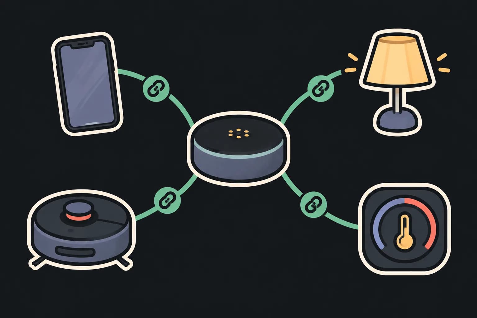 A phone, a smart speaker and an Apple TV-style box connected to a robot vacuum by a Matter link