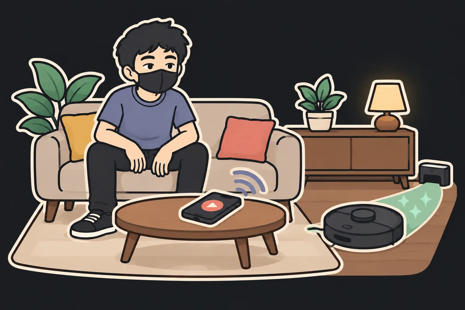 A robot vacuum cleaning a living room while a phone shows a simple Home app control with a start button