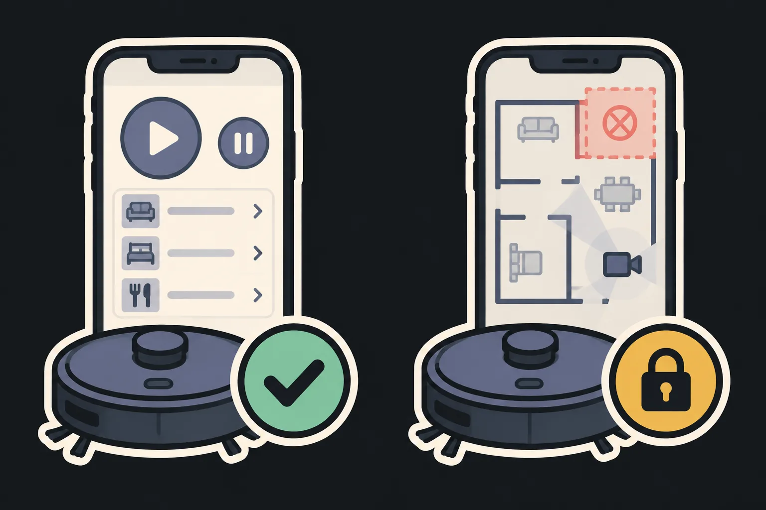 Two panels: what the Home app can do with a robot vacuum, such as start and room choice, and what stays in the maker's app, such as maps
