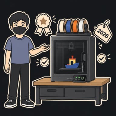 Aun mascot presenting the Elegoo Centauri Carbon 2 Combo enclosed 3D printer with the CANVAS four-spool multicolor unit on top and a cream award rosette floating beside it — the pick of the Centauri Carbon 2 vs Centauri Carbon guide