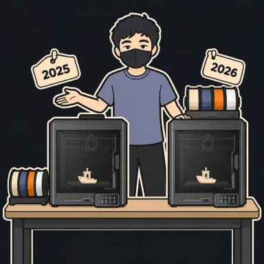 Aun mascot comparing the Elegoo Centauri Carbon and the Centauri Carbon 2, two near-identical enclosed CoreXY 3D printers side by side — one with the CANVAS multicolor unit mounted on top, the other with the $55 CANVAS kit waiting beside it