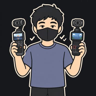 Aun mascot holding two pocket gimbal cameras up side by side to compare them — Insta360 Luna Pro vs DJI Osmo Pocket 4 comparison