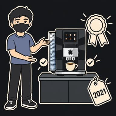 Aun mascot presenting the first-generation 2021 Jura Z10 with a cream award rosette floating beside it and a low cream price tag marked 2021 — the clearance pick of the Jura Z10 first vs second generation guide