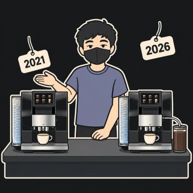 Aun mascot comparing the first-generation 2021 Jura Z10 and the second-generation 2026 model, two identical machines standing side by side, the 2021 one under a cream price tag floating low with the year 2021 written on it and the 2026 one under a cream price tag floating higher with the year 2026 written on it, a small chocolate canister standing beside the 2026 machine only