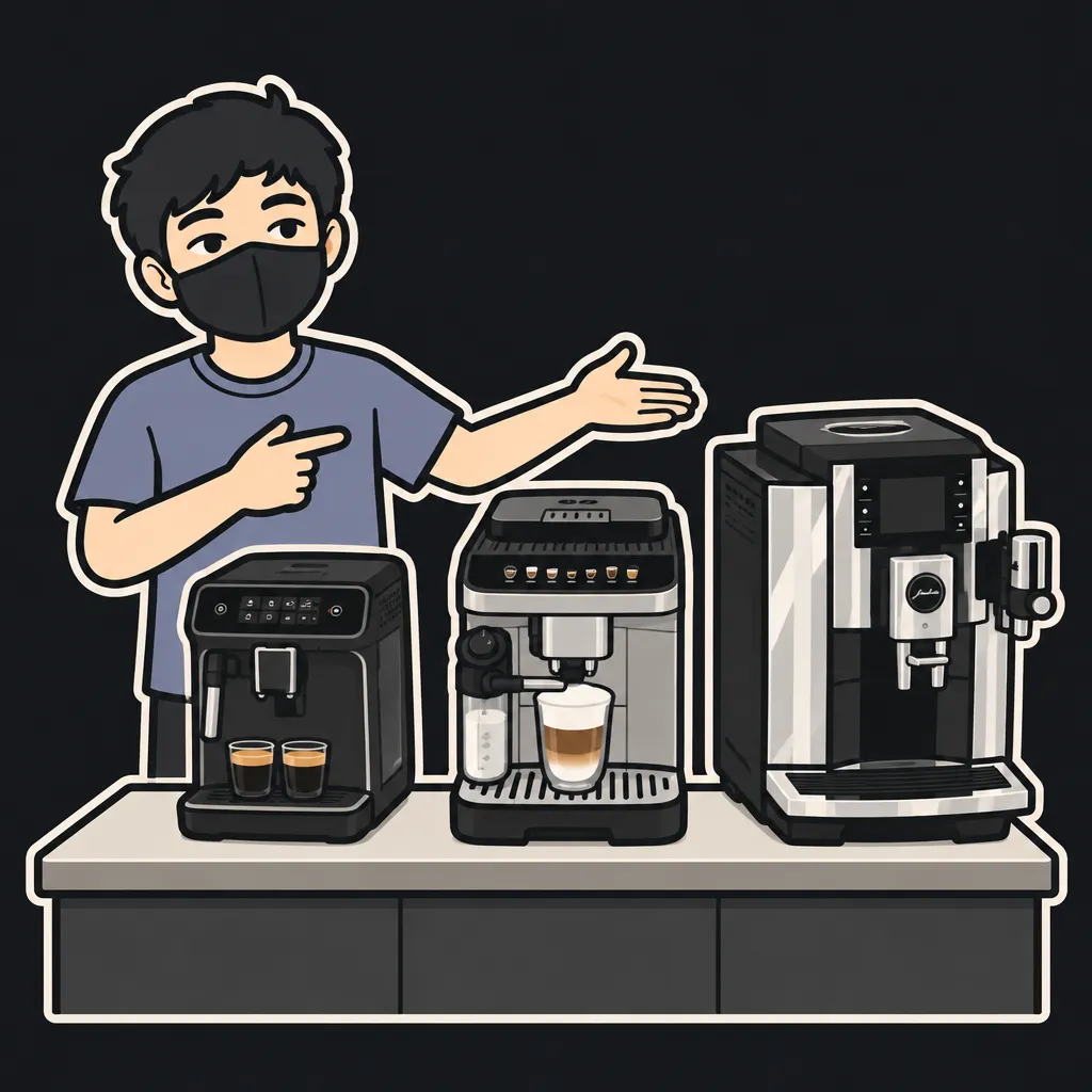 Aun mascot lining up several espresso machines of different sizes on a counter to compare them — best super-automatic espresso machines by budget guide