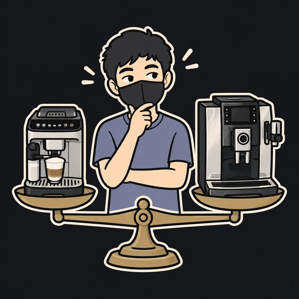 Aun mascot balancing a small budget espresso machine against a large premium one on a scale — budget vs premium espresso machine comparison